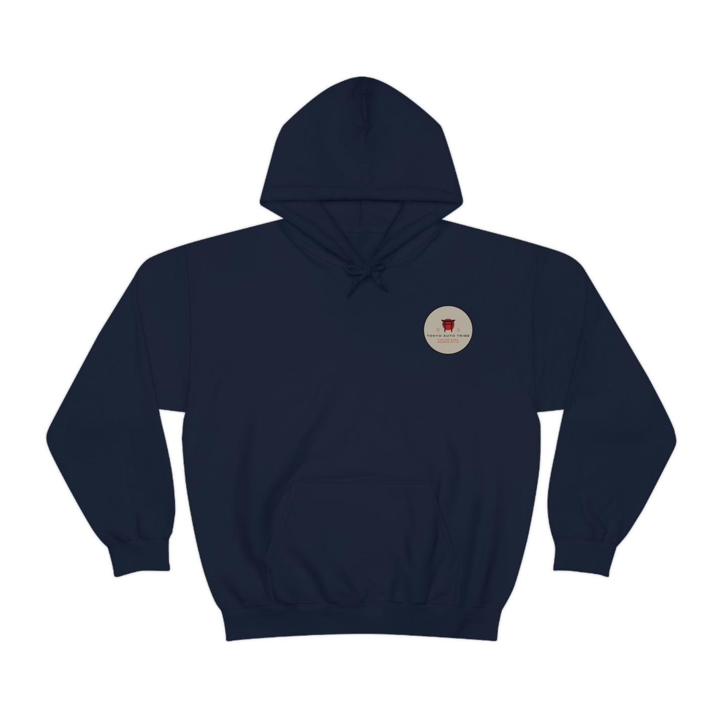 Navy blue Godzilla's Fury Hoodie featuring a small circular graphic on the chest, designed as automotive streetwear inspired by Japanese car culture and tuner style.