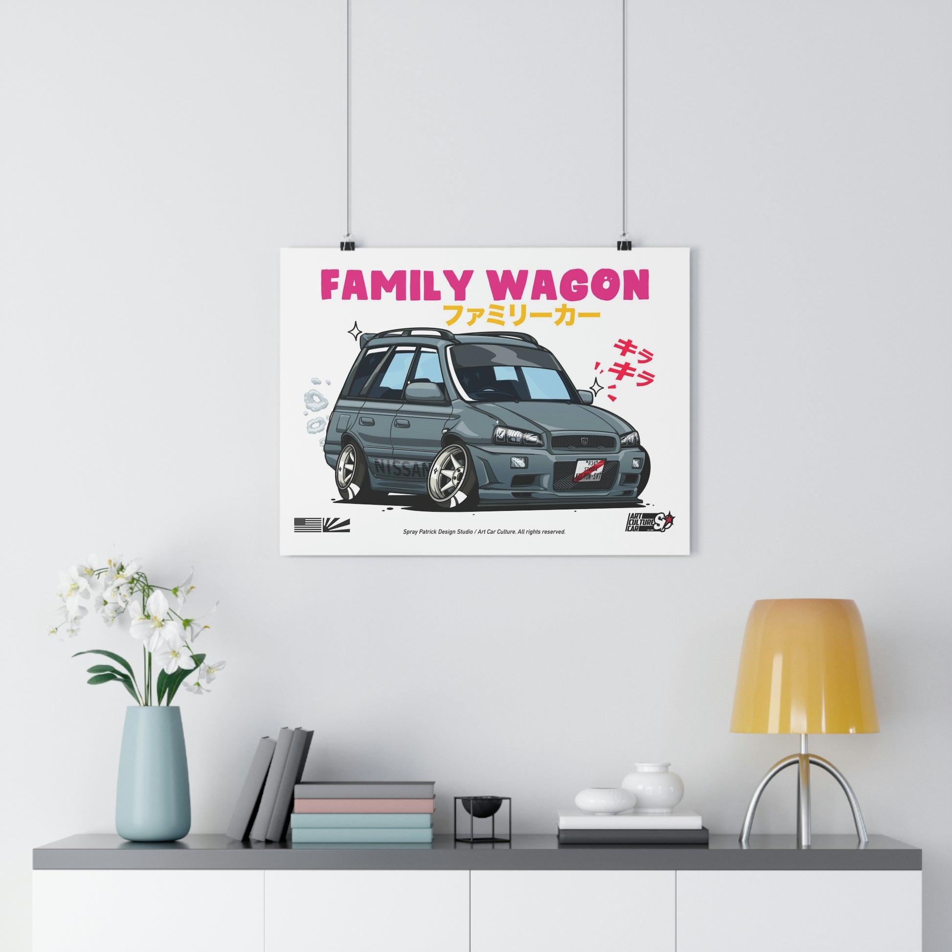 Wagon Wonder Poster featuring a stylized, lowered family wagon car with Japanese text and vibrant automotive graphics, celebrating Japanese car culture and late-night drives.