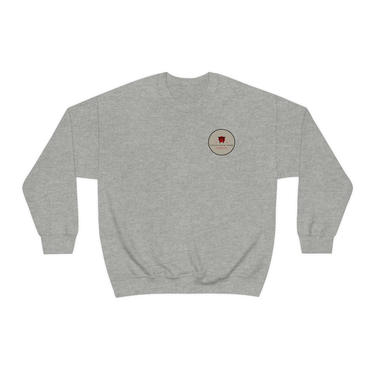 The Family Wagon Sweater in light gray featuring a minimalist vintage car culture graphic with Japanese design influence, ideal for fans of tuner and drift culture apparel.