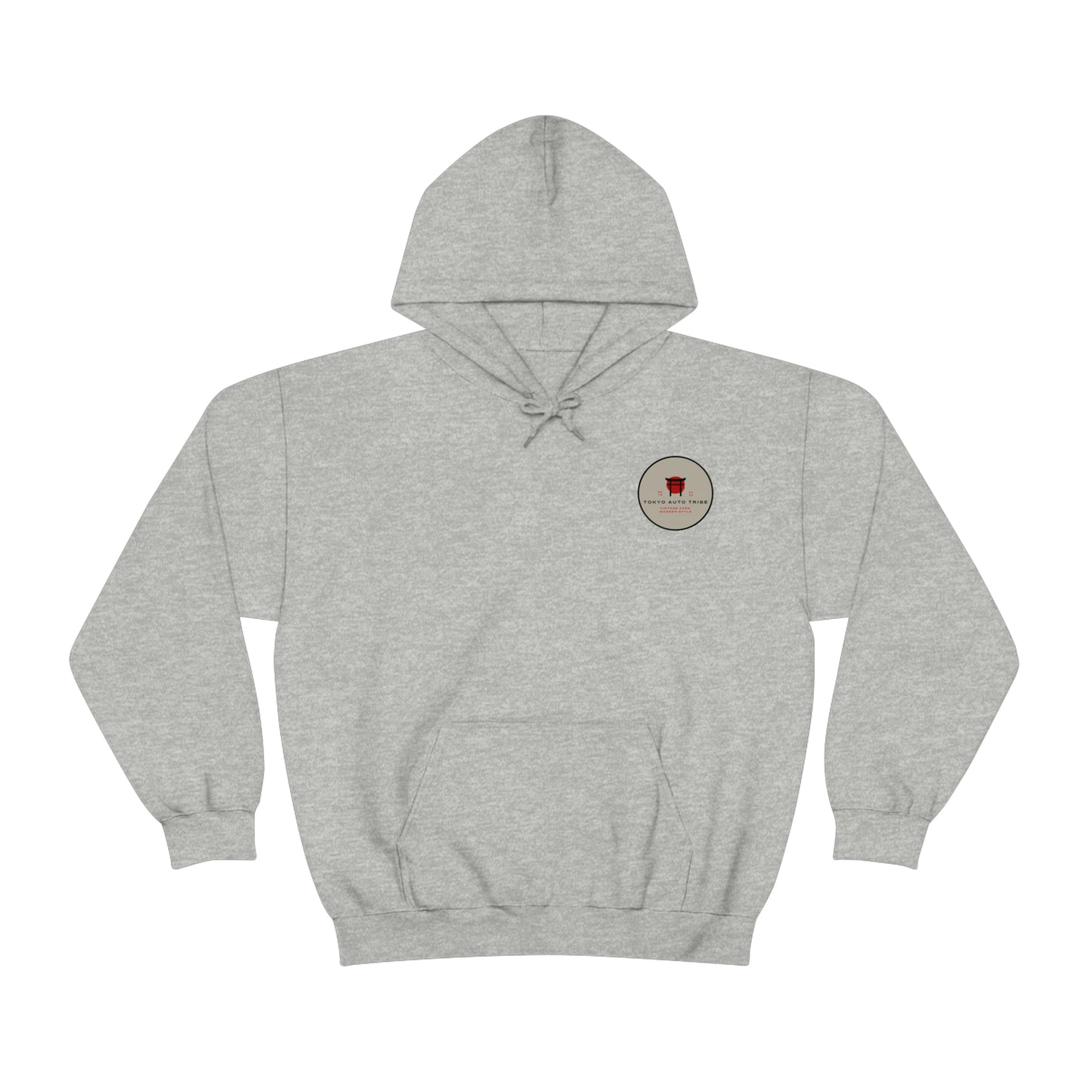 Grey pullover Groovy Grocery Runner Hoodie featuring a small round logo on the chest, designed for fans of Japanese car culture and late-night drives.