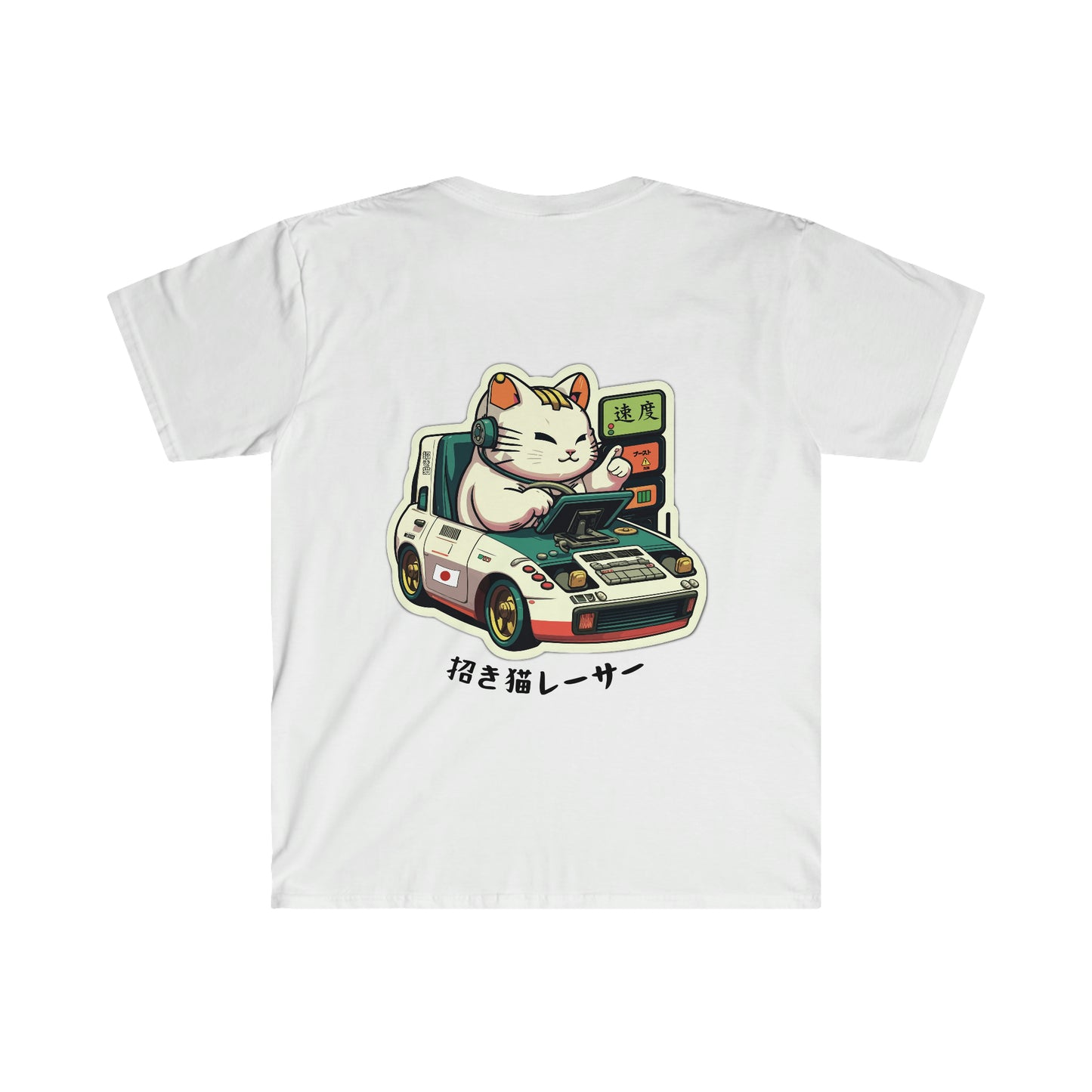 White Lucky Cat Racer's T-Shirt featuring a graphic of a smiling maneki-neko cat driving a vintage Japanese race car, blending Japanese car culture and streetwear style.