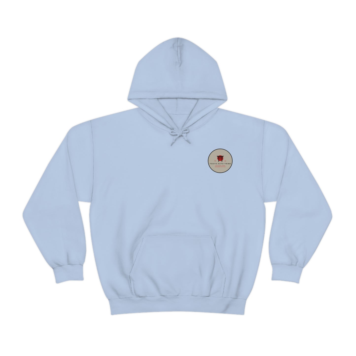 Light blue Groovy Grocery Runner Hoodie with a small circular graphic on the chest, designed for fans of Japanese car culture and late-night drives.