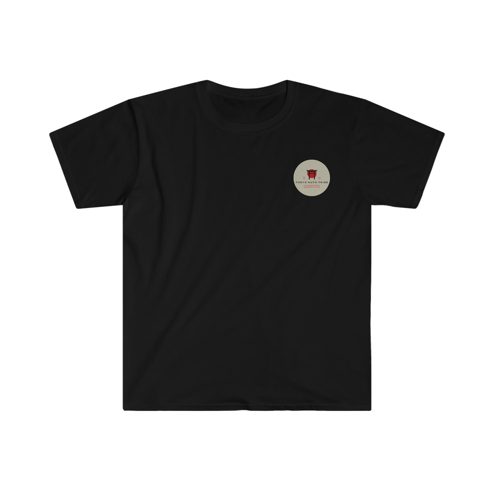 Black Groovy Grocery Runner T-Shirt with a small circular logo on the chest inspired by Japanese car culture, designed for car enthusiasts who appreciate vintage automotive scenes.