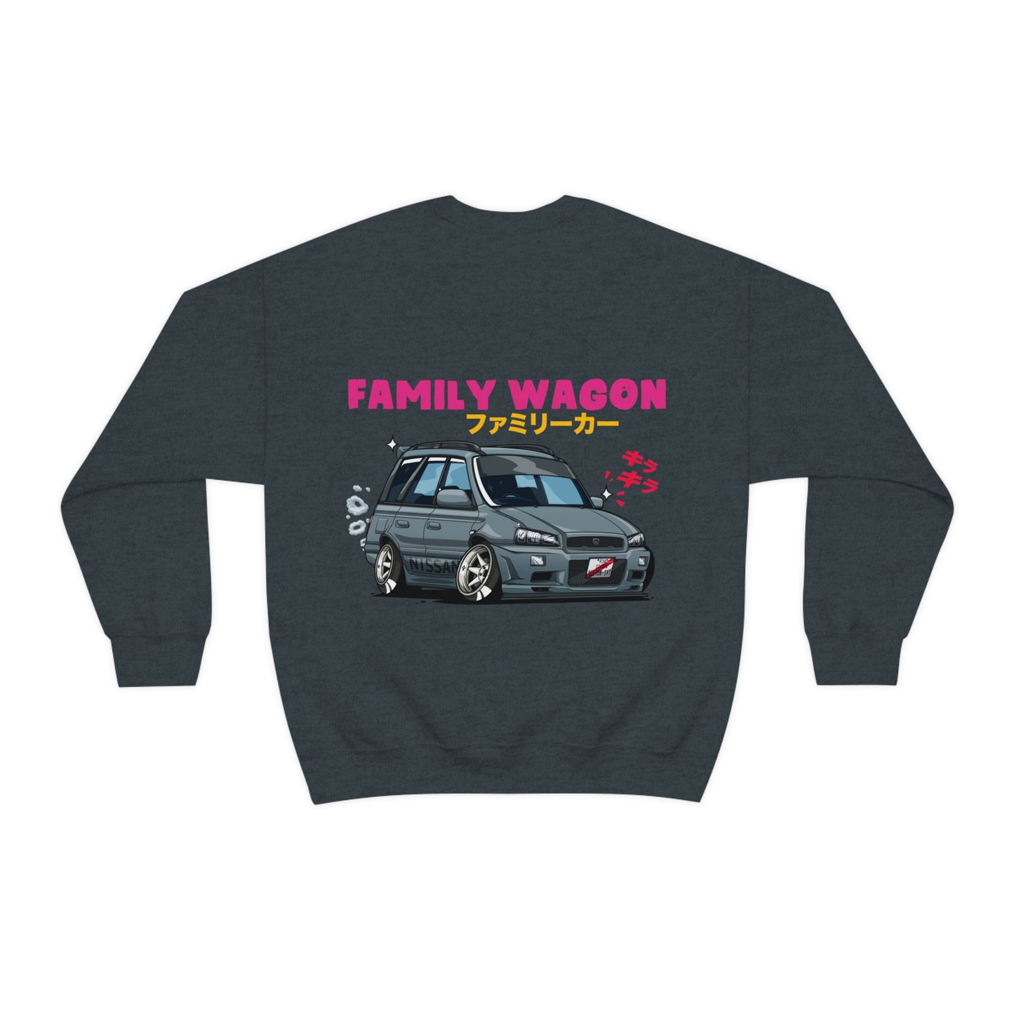 Dark gray Wagon Chibi Sweater featuring a cartoon-style graphic of a lowered family wagon car with smoke effect and bold pink and yellow Japanese-inspired text celebrating Japanese car culture.
