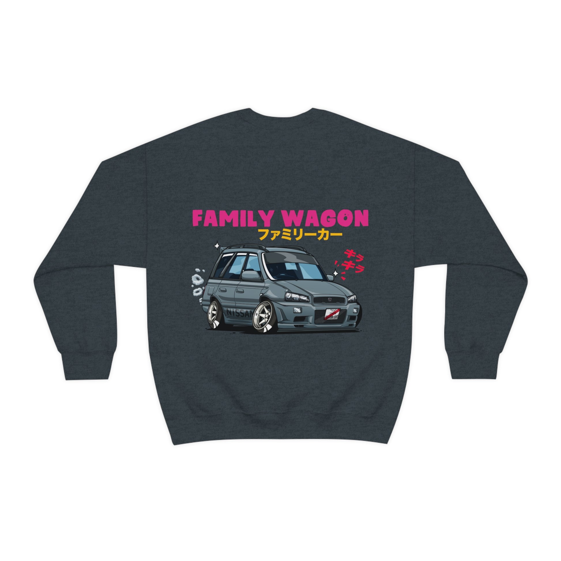Dark gray Wagon Chibi Sweater featuring a cartoon-style graphic of a lowered family wagon car with smoke effect and bold pink and yellow Japanese-inspired text celebrating Japanese car culture.
