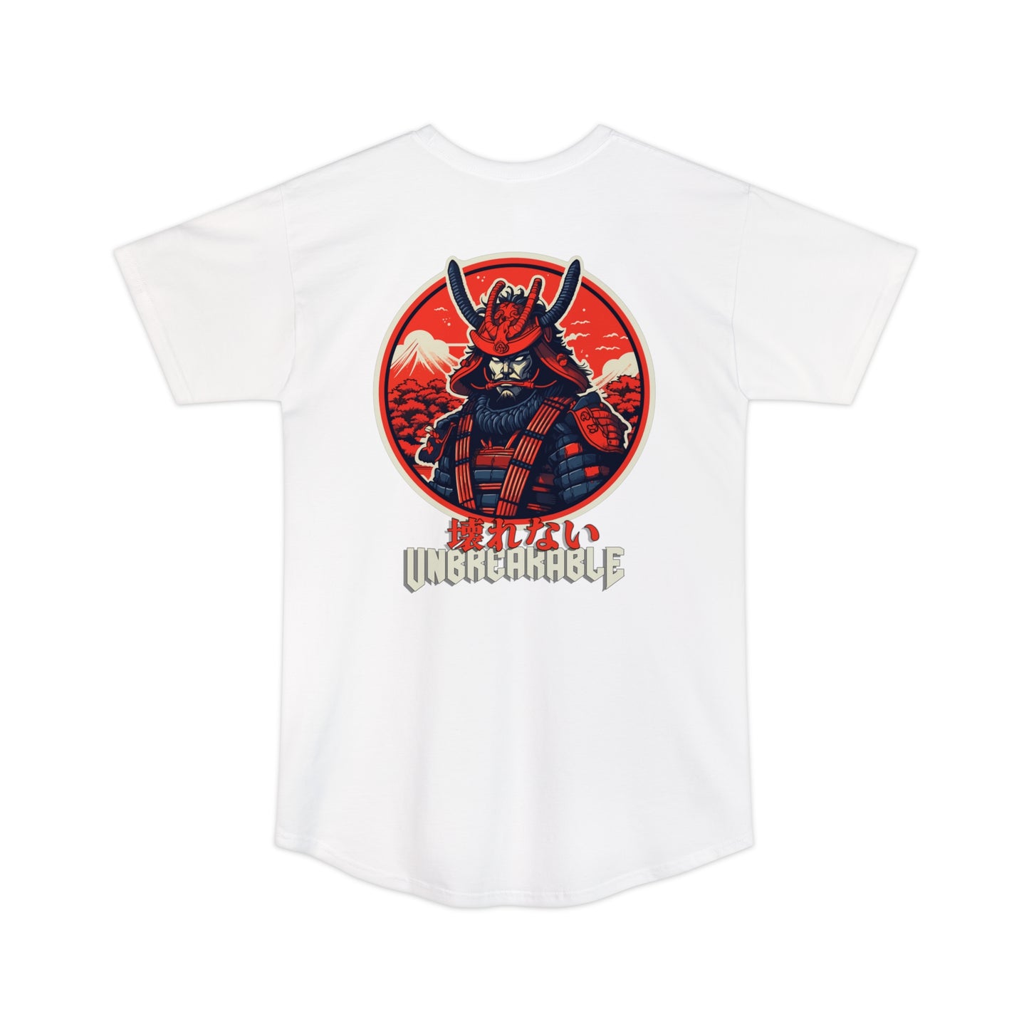 White Unbreakable Spirit oversized T-Shirt featuring a bold red and black graphic of a samurai warrior with mountain and cloud background, embodying strength and Japanese car culture.