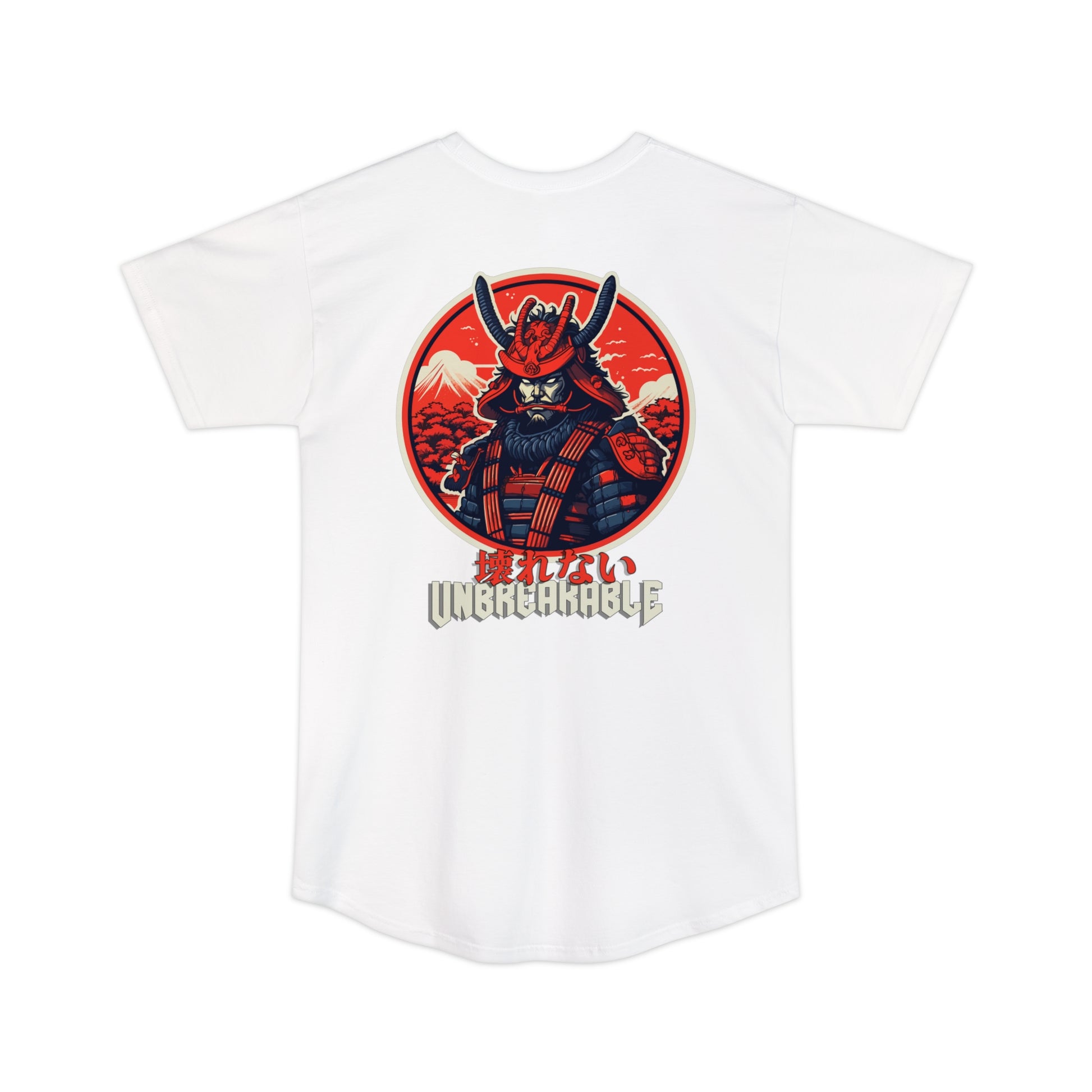 White Unbreakable Spirit oversized T-Shirt featuring a bold red and black graphic of a samurai warrior with mountain and cloud background, embodying strength and Japanese car culture.
