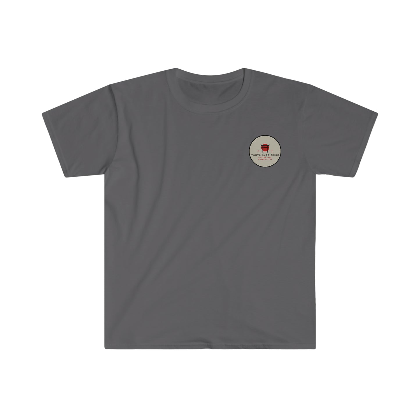 Gray Unbreakable Spirit T-Shirt featuring a small circular graphic with red and black Japanese-inspired design, ideal for fans of Japanese car culture and tuner lifestyle.