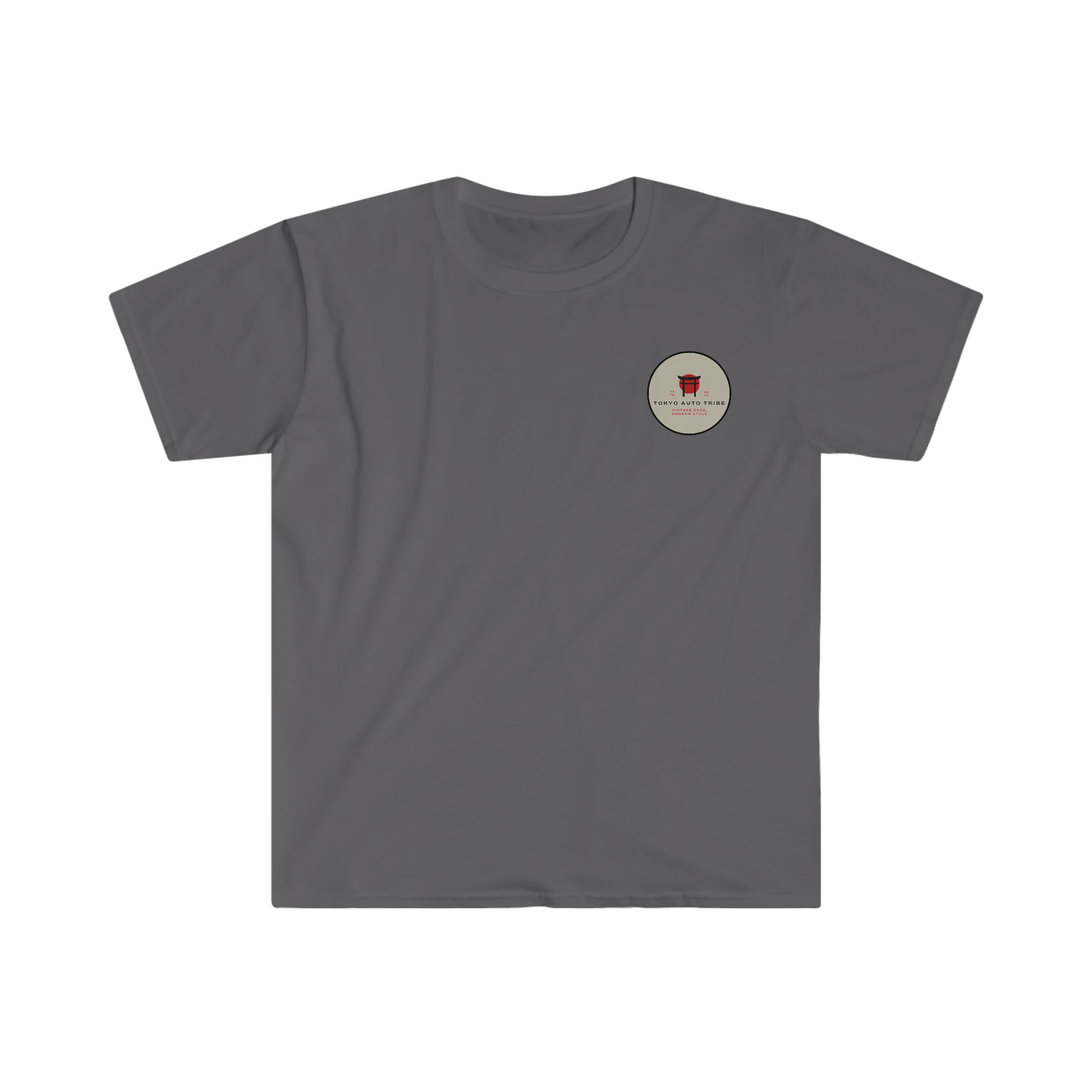 Gray Unbreakable Spirit T-Shirt featuring a small circular graphic with red and black Japanese-inspired design, ideal for fans of Japanese car culture and tuner lifestyle.
