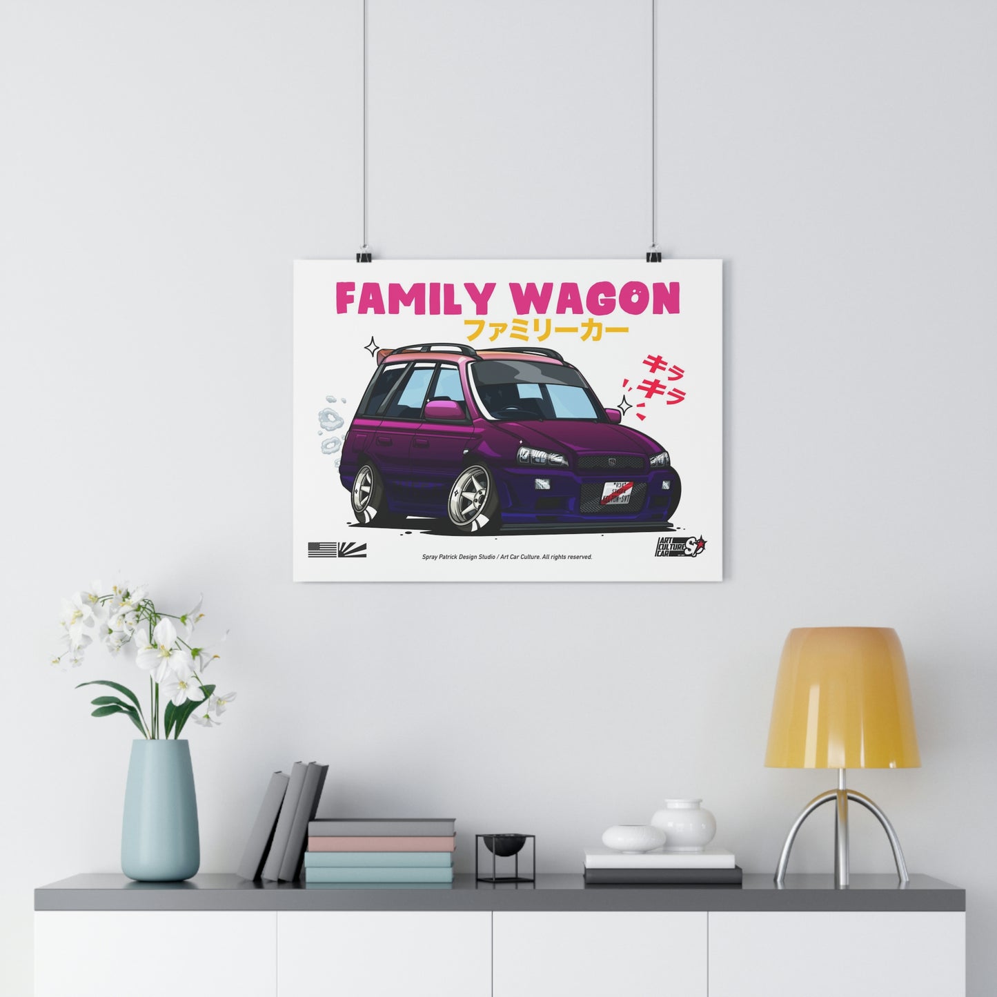 Illustration of a purple cartoon-style Japanese family wagon car with bold pink "FAMILY WAGON" text above, capturing a fun tuner car vibe in the Midnight Purple Wonder design.