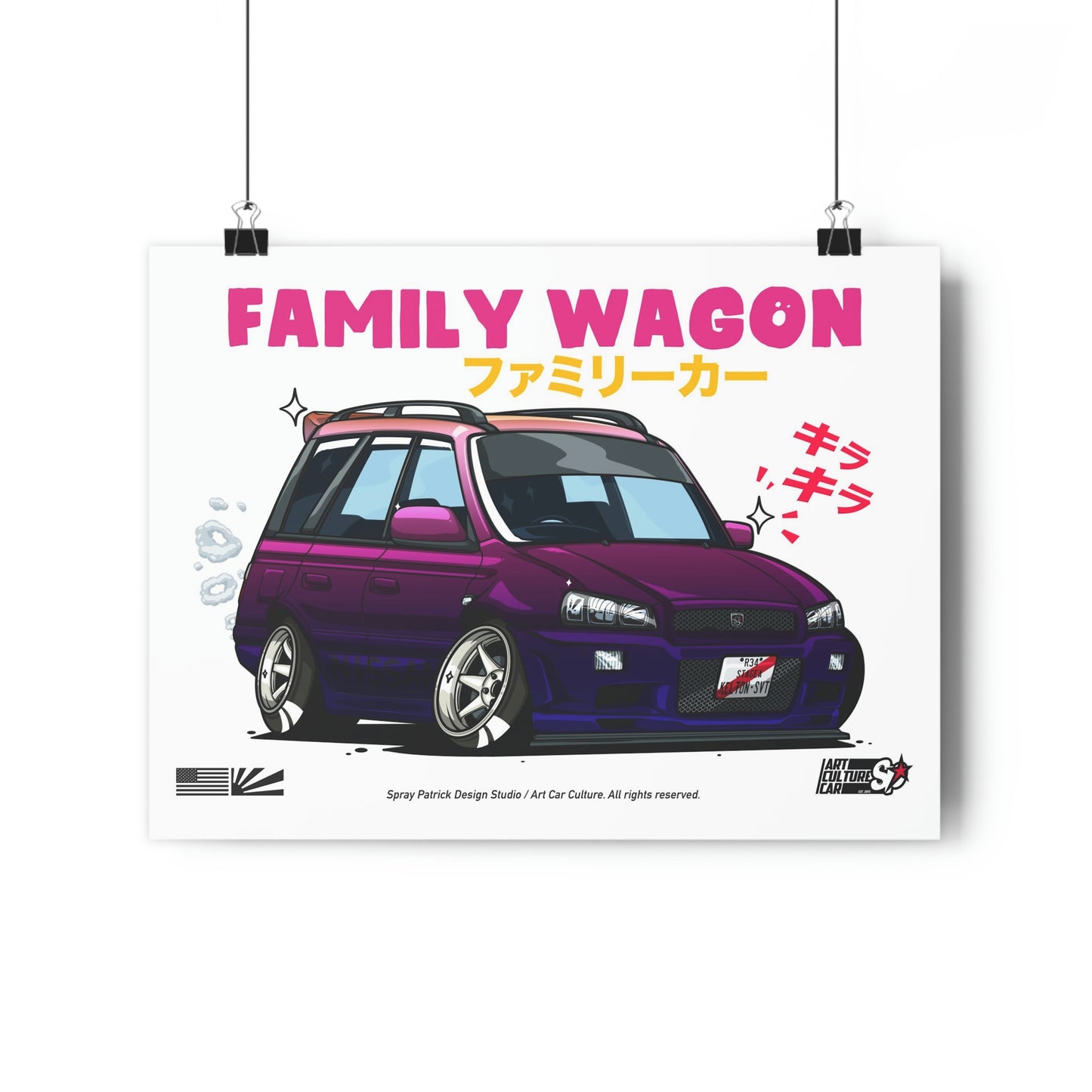 Illustration of a lowered midnight purple wagon car with wide wheels and roof rack, styled for JDM drift culture, featuring "Midnight Purple Wonder" text celebrating late-night Japanese car culture.