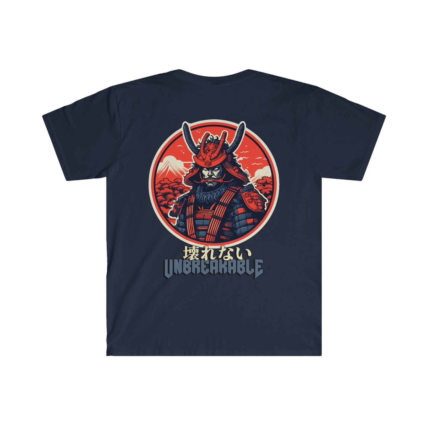 Navy Unbreakable Spirit T-Shirt featuring a detailed graphic of a samurai warrior in traditional armor against a red circular background with Japanese text and the word unbreakable below, inspired by vintage Japanese car culture and late-night drive vibes.