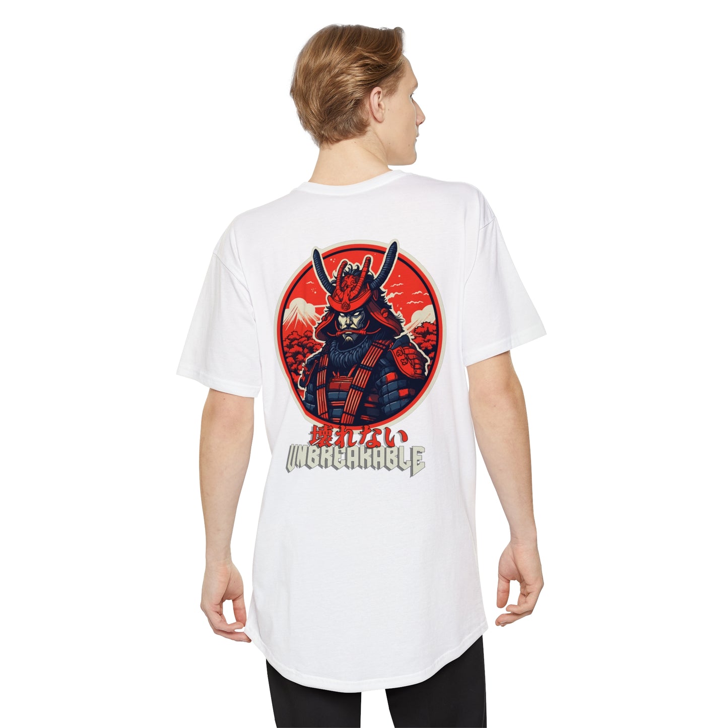 White Unbreakable Spirit oversized T-Shirt featuring a bold graphic of a samurai helmet and armor in red and black tones with a mountainous backdrop, embodying Japanese car and tuner culture vibes.