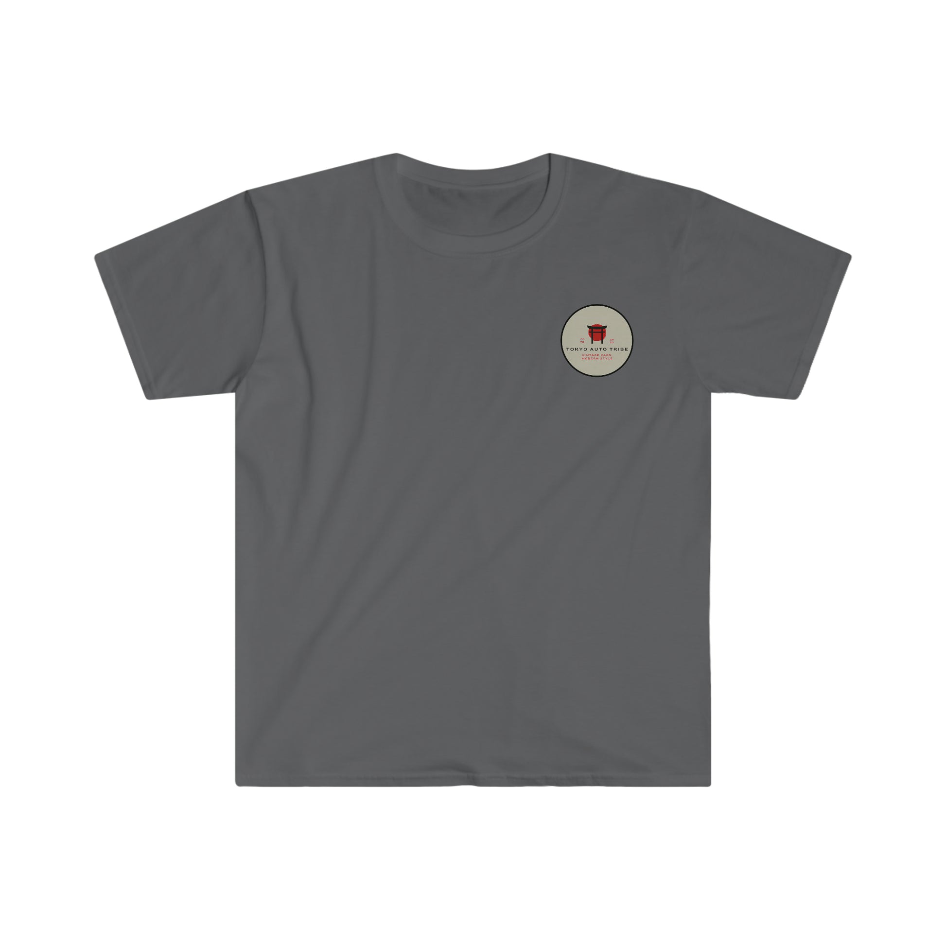 Dark gray Groovy Grocery Runner T-Shirt featuring a small circular graphic on the chest inspired by Japanese car culture and late-night tuner vibes.