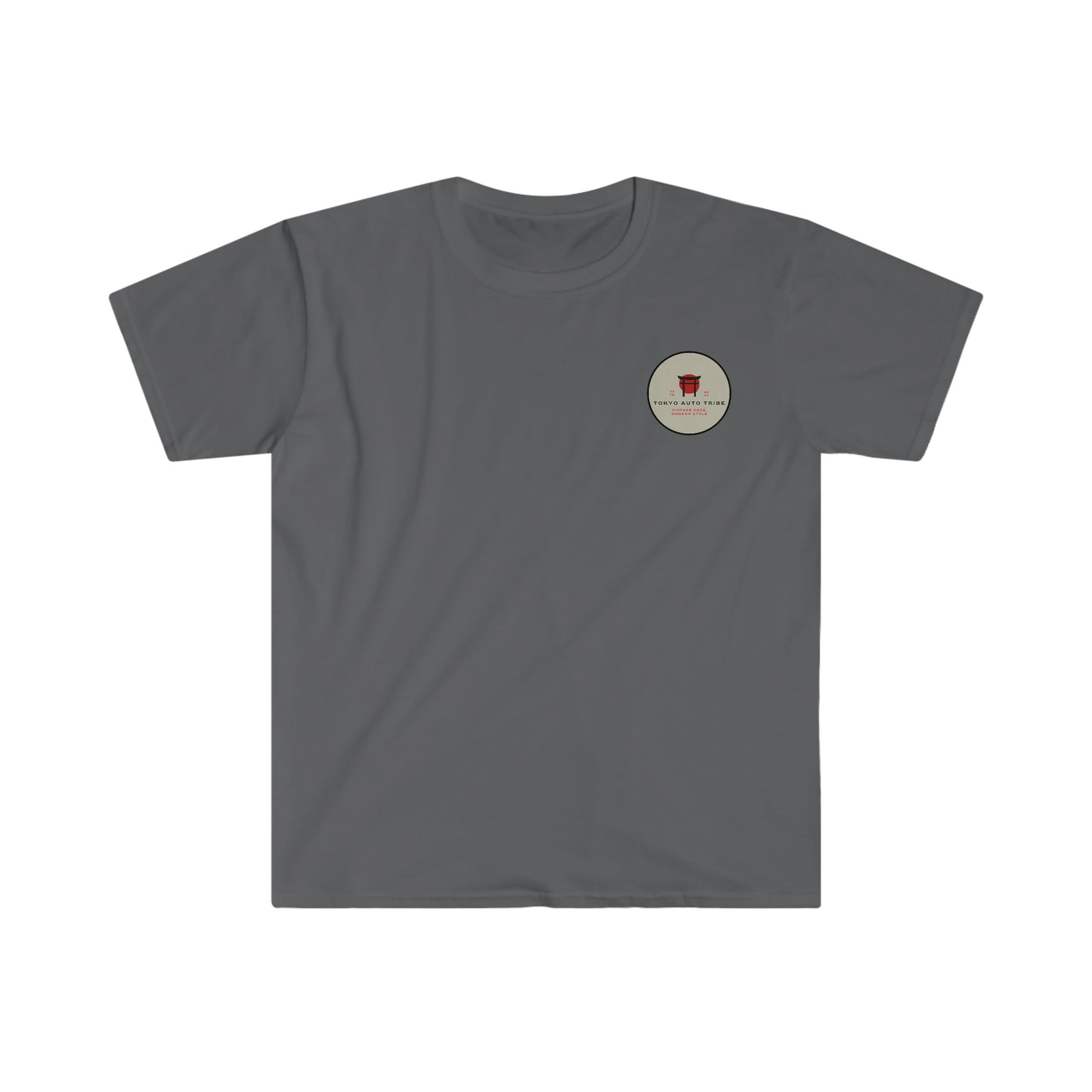 Paradise of Speed T-Shirt in dark gray featuring a small circular emblem with red and black graphic and text on the left chest, perfect for fans of automotive streetwear.