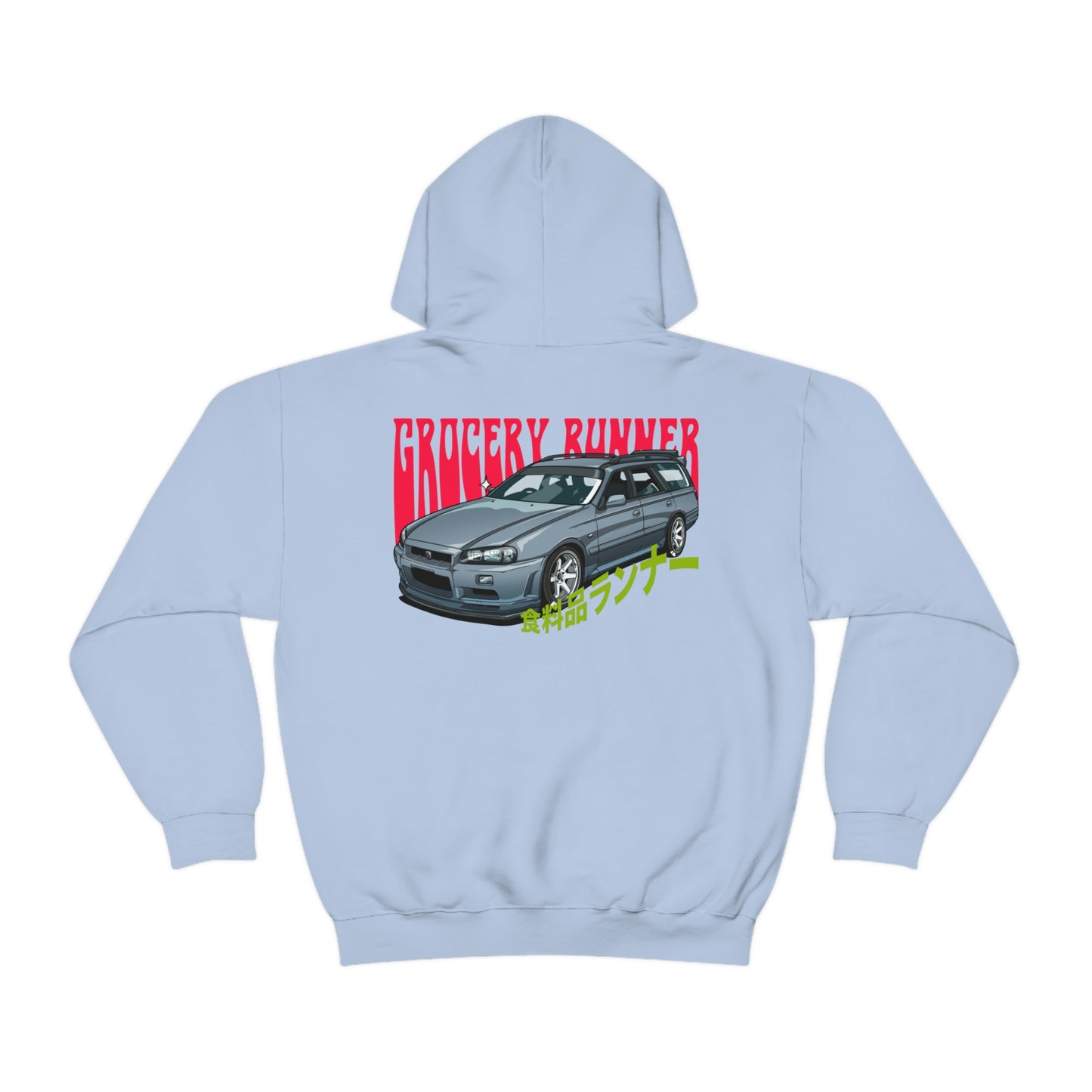 Light blue Groovy Grocery Runner Hoodie featuring a detailed graphic of a gray Japanese car with bold red and yellow Japanese-inspired text, blending JDM streetwear and tuner culture.