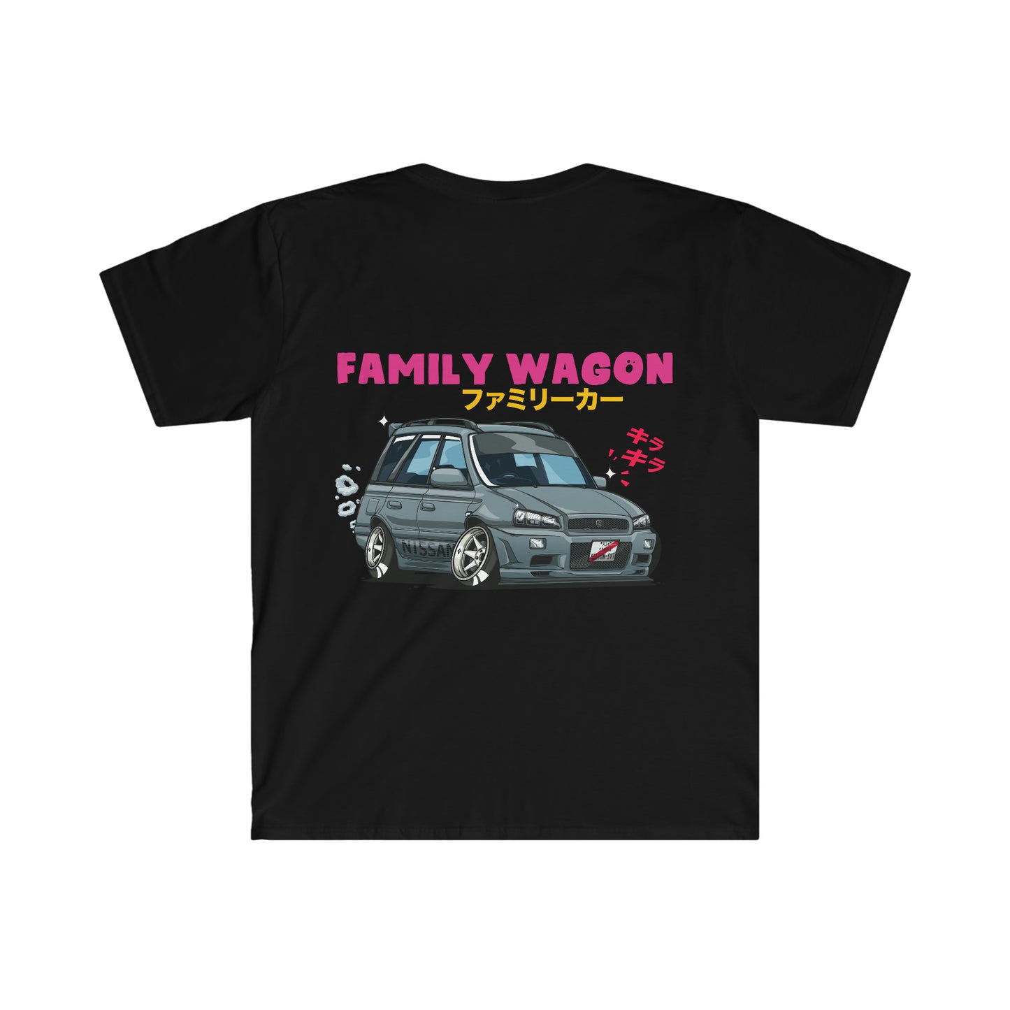 Black Family Wagon Cartoon T-Shirt featuring a stylized gray wagon car graphic with pink "FAMILY WAGON" text and Japanese characters, capturing JDM car culture and tuner vibes.