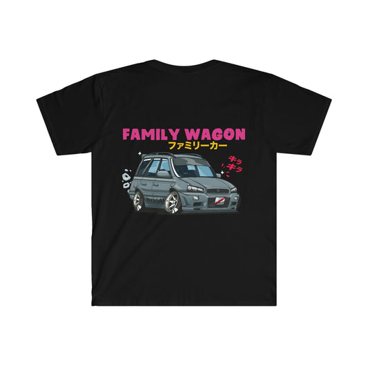 Black Family Wagon Cartoon T-Shirt featuring a stylized gray wagon car graphic with pink "FAMILY WAGON" text and Japanese characters, capturing JDM car culture and tuner vibes.