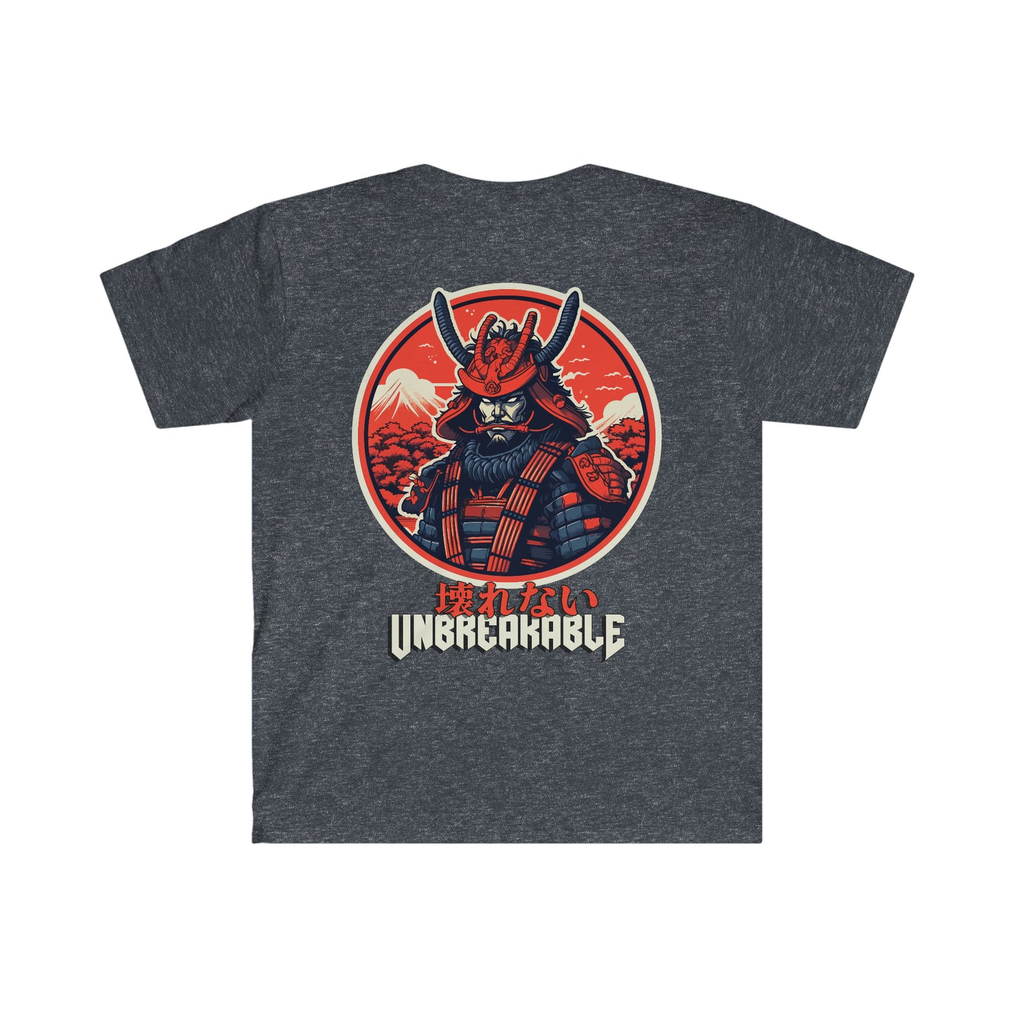 Dark gray Unbreakable Spirit T-Shirt featuring a bold graphic of a samurai warrior in red armor with Mount Fuji and cherry blossoms in the background, embodying strength and Japanese car culture.