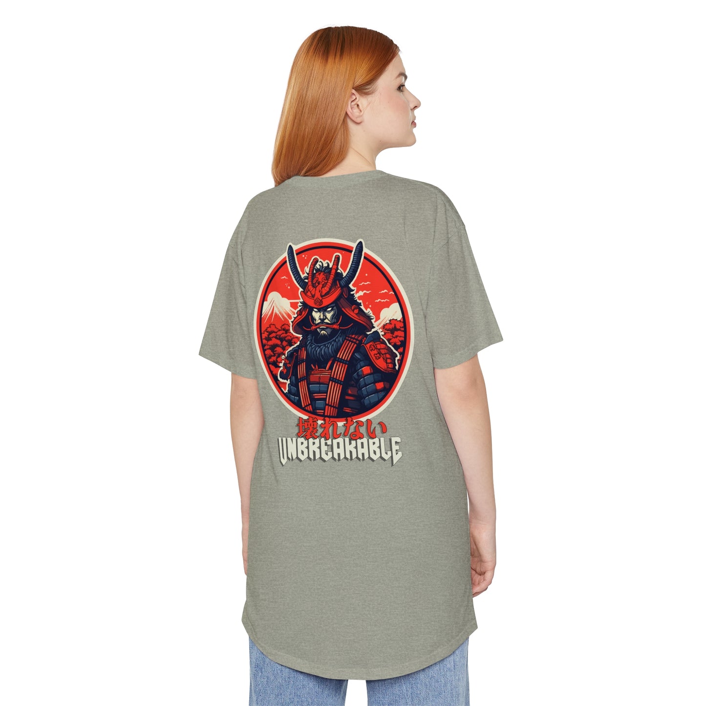 Back view of a person wearing the Unbreakable Spirit oversized T-Shirt featuring a bold graphic of a samurai warrior in red and black tones with Japanese text, inspired by Japanese car culture and late-night drives.