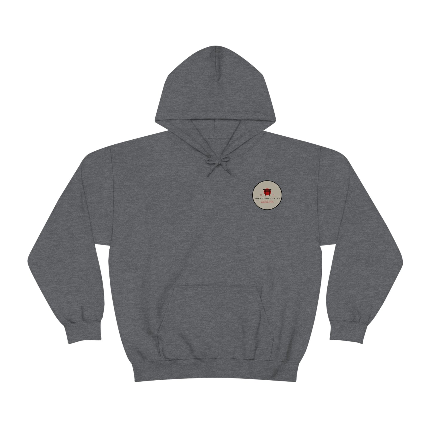 Dark gray hooded sweatshirt featuring a small circular graphic emblem on the chest, designed as the Groovy Grocery Runner Hoodie inspired by Japanese car culture and late-night drives.