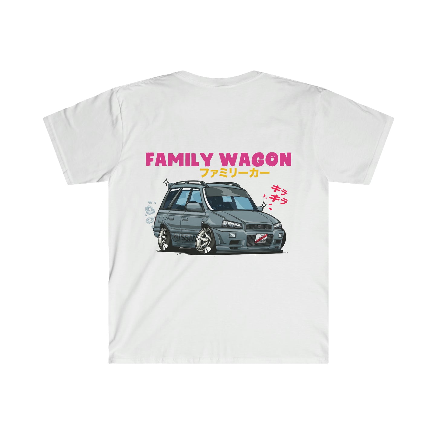 White Family Wagon Cartoon T-Shirt featuring a detailed graphic of a lowered, stylized grey wagon with Japanese text and vibrant pink "FAMILY WAGON" lettering, celebrating Japanese car culture and late-night drives.