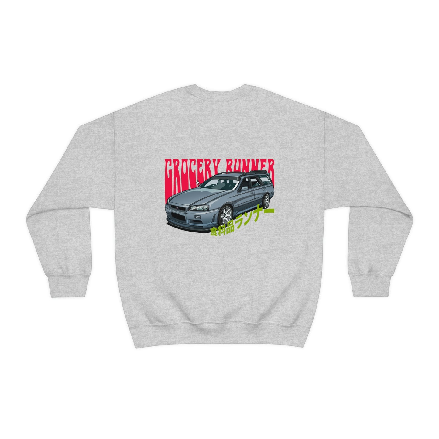The Family Wagon Sweater in light gray featuring a graphic of a sleek silver station wagon with bold red and green Japanese-inspired text, embodying Tokyo Auto Tribe’s car culture vibe.