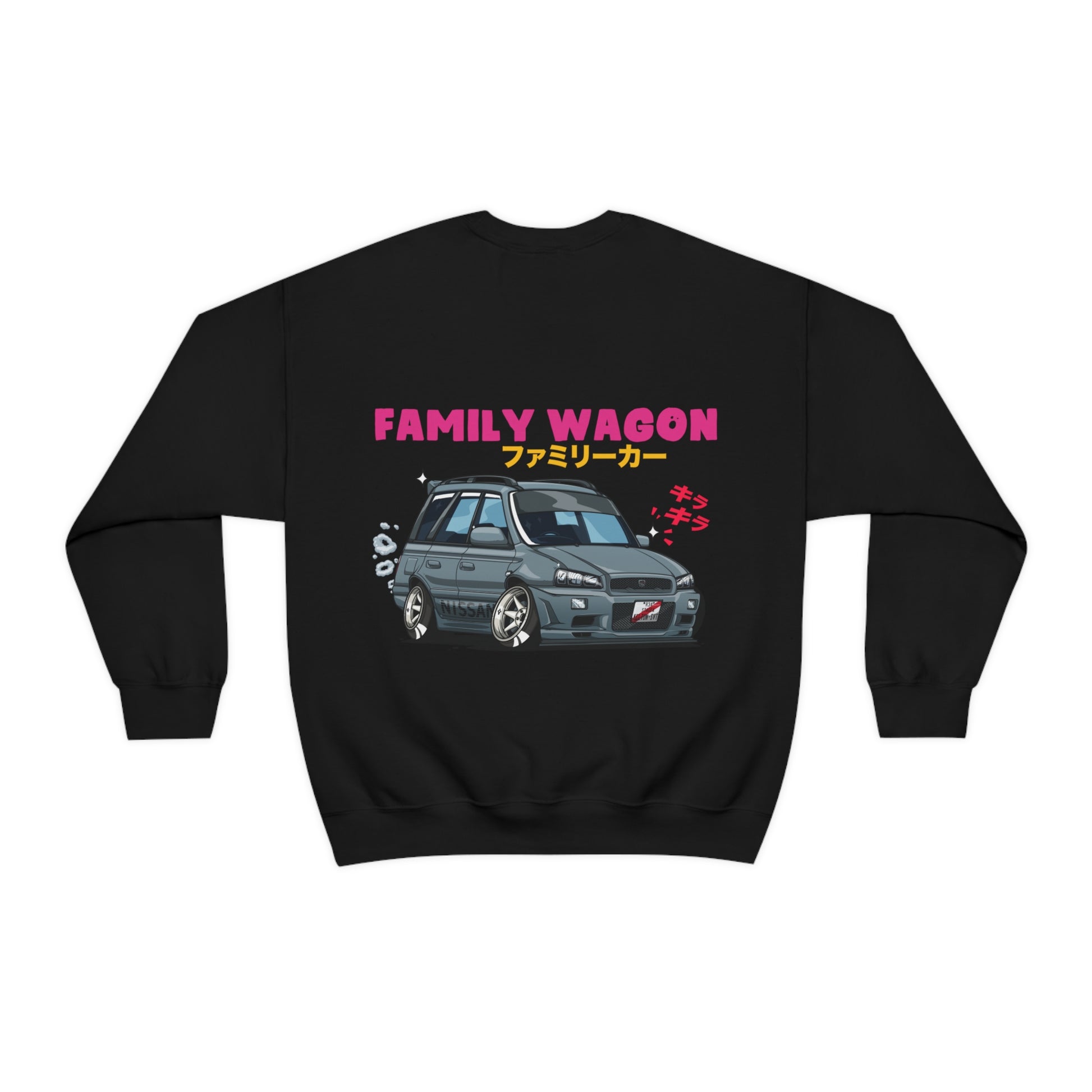 Black Wagon Chibi Sweater featuring a stylized illustration of a lowered wagon car with Japanese text and vibrant pink "Family Wagon" lettering, inspired by JDM streetwear culture.