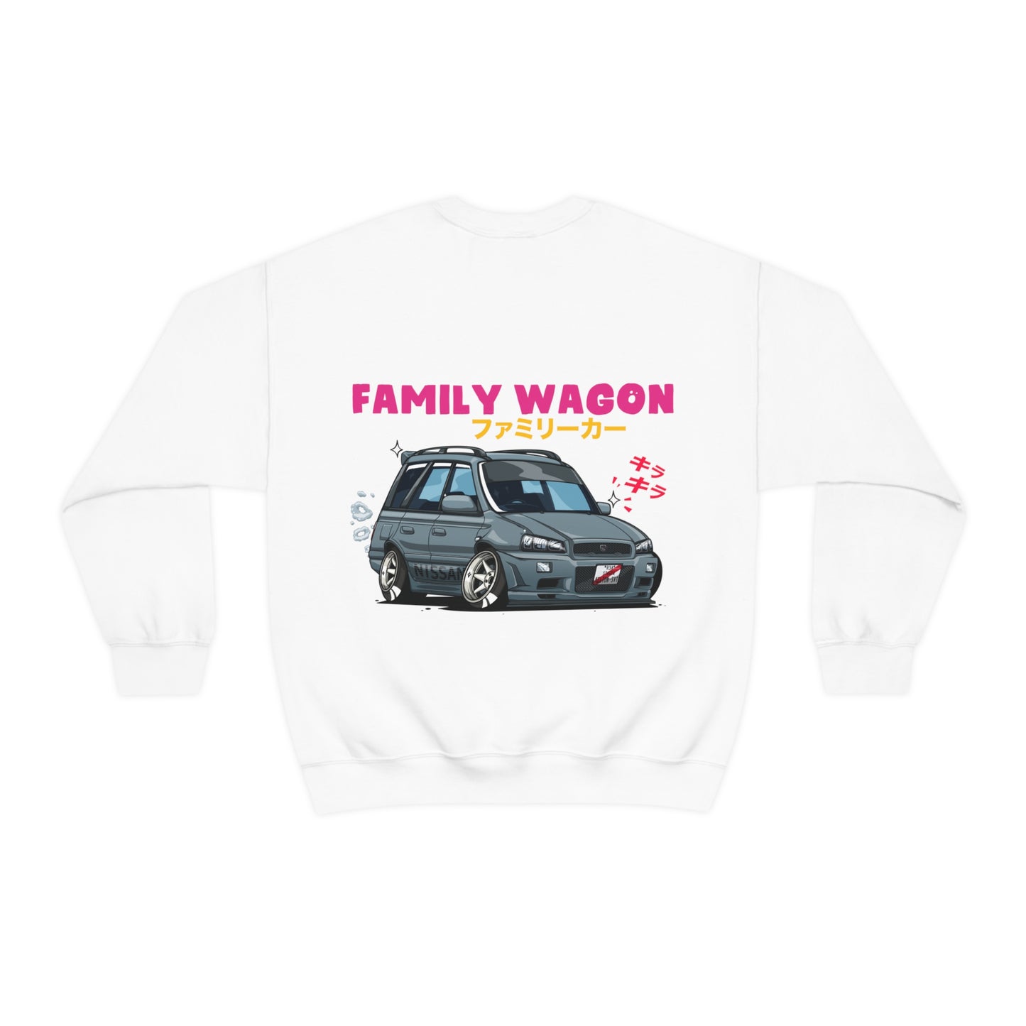 White sweatshirt featuring a detailed graphic of a lowered, modified family wagon car with Japanese text and the phrase "FAMILY WAGON" in bold pink, designed on the back, Wagon Chibi Sweater.
