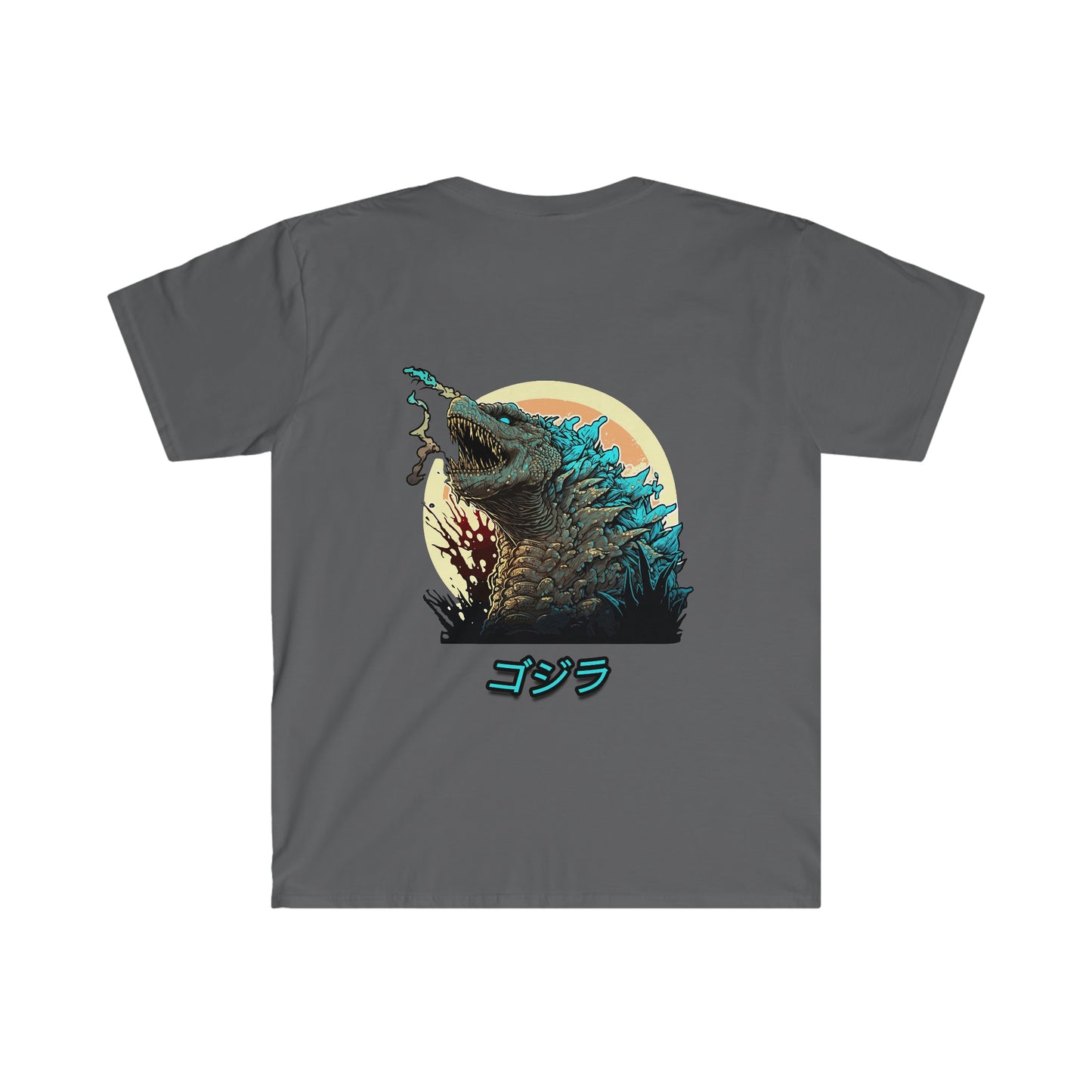 Godzilla Fury T-Shirt featuring a detailed graphic of Godzilla breathing smoke against a sunset background with Japanese text below, styled in dark gray fabric.
