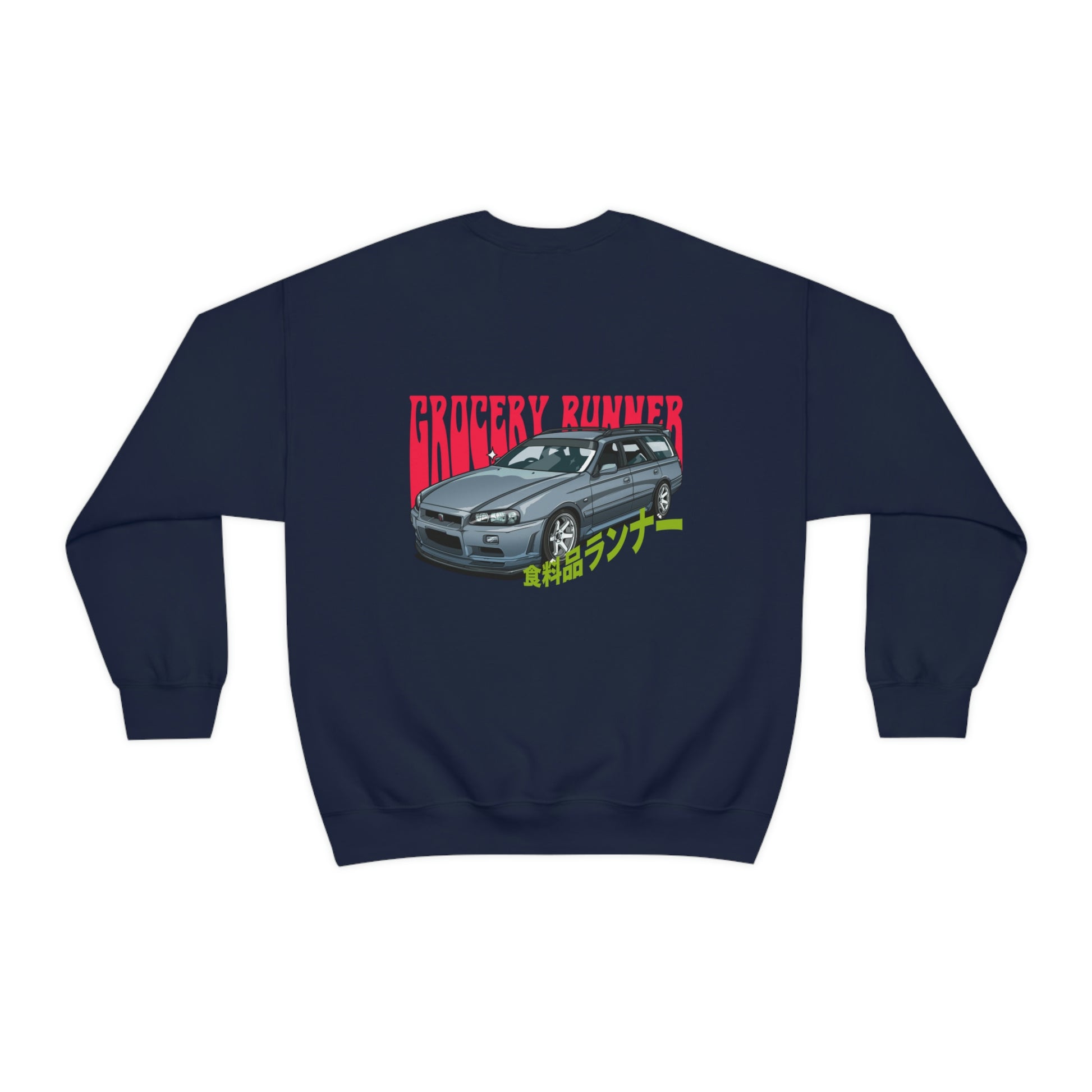 Navy sweatshirt featuring a detailed graphic of a classic car with bold red "GROCERY RUNNER" text and Japanese characters, designed for fans of Japanese car culture in The Family Wagon Sweater.