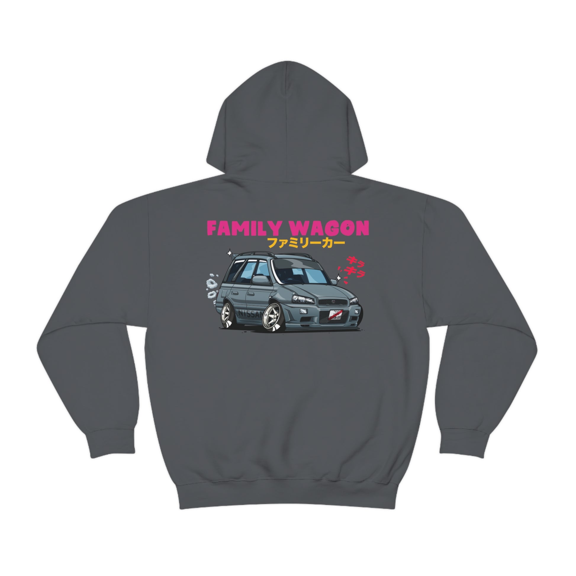 Dark gray Wagon Chibi Hoodie featuring a detailed cartoon graphic of a lowered family wagon car with Japanese text and bright pink "FAMILY WAGON" lettering, inspired by Japanese car culture.