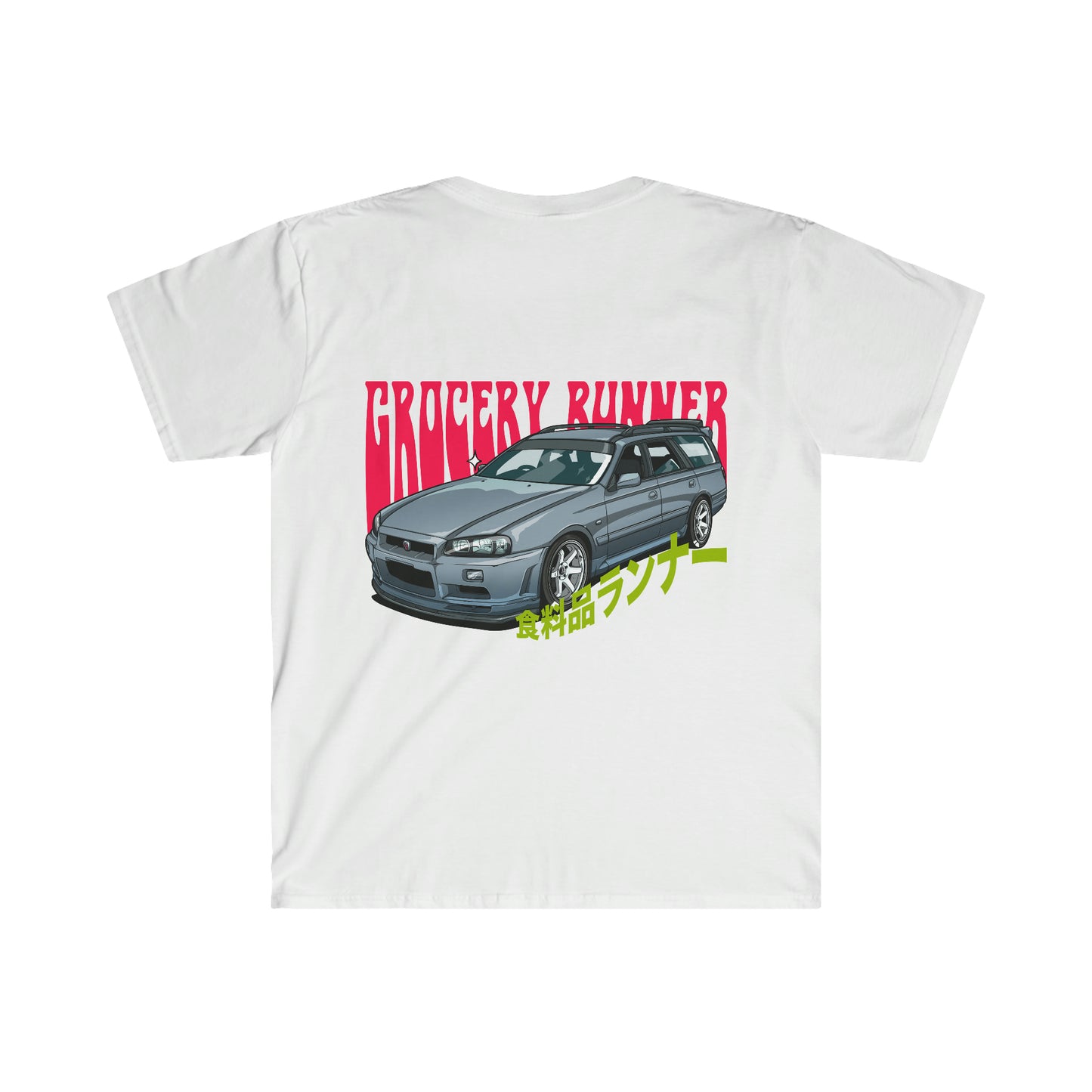 White Groovy Grocery Runner T-Shirt featuring a detailed gray sporty station wagon graphic with bold red and green stylized text, inspired by Japanese car culture and tuner streetwear.