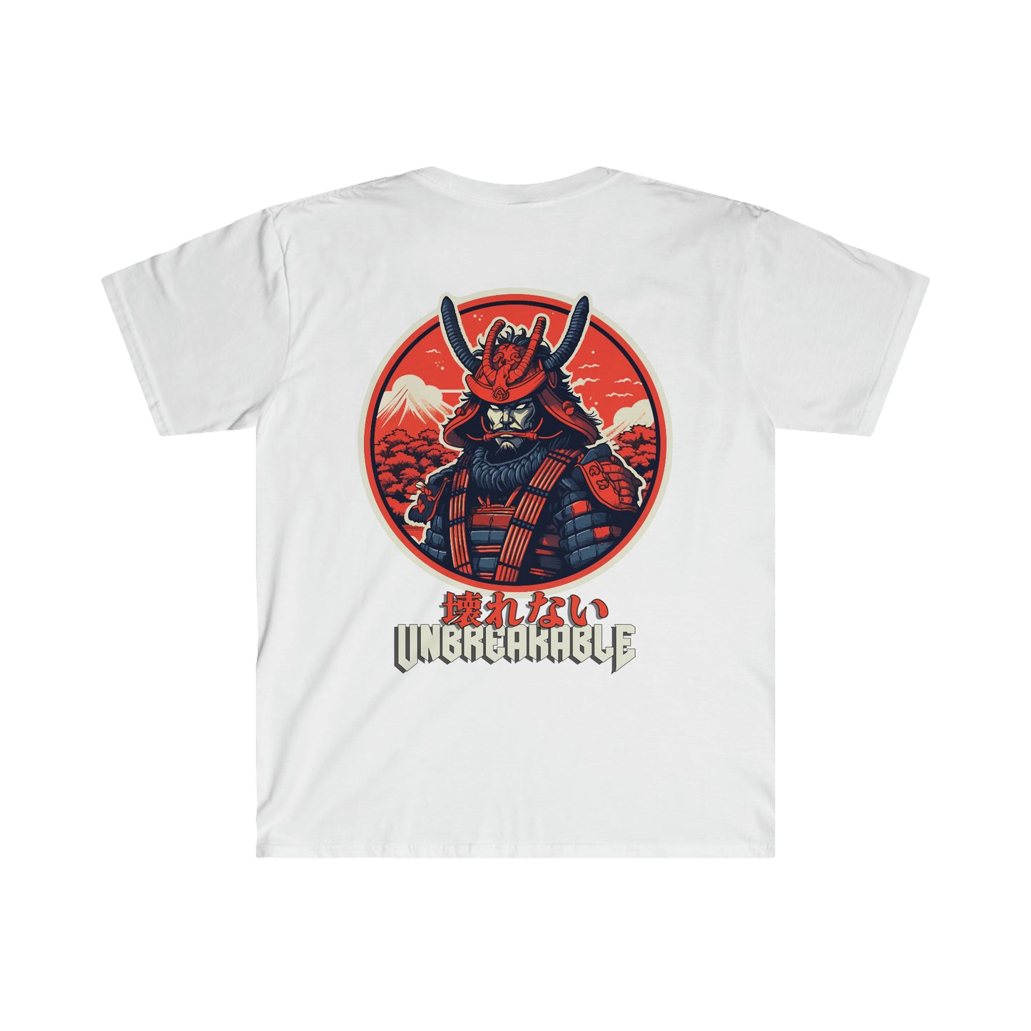 White Unbreakable Spirit T-Shirt featuring a bold graphic of a samurai in traditional armor with Mount Fuji and red sky background, embodying unbreakable strength and Japanese car culture.