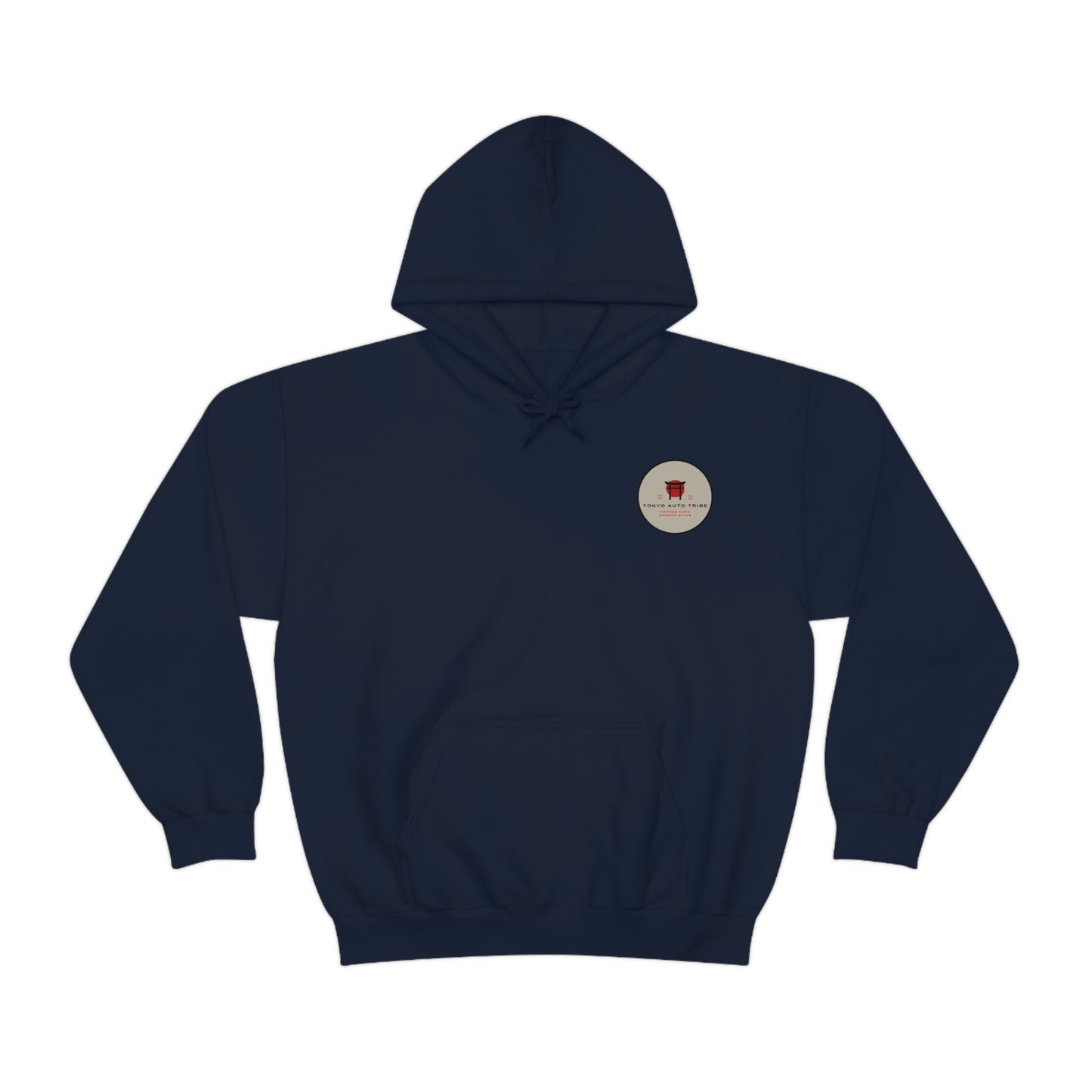 Navy blue Wagon Chibi Hoodie featuring a small vintage racing graphic on the chest, designed for fans of Japanese tuner car culture and late-night drives.