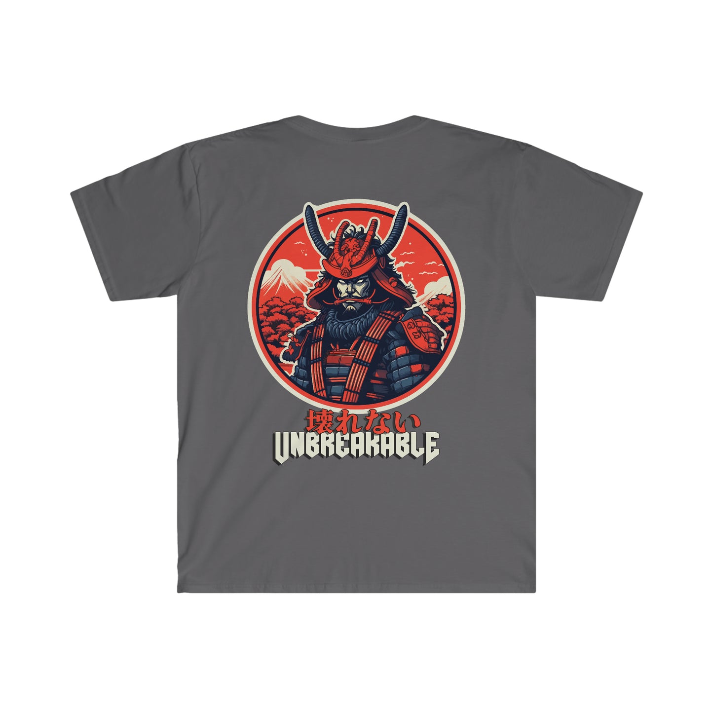 Gray Unbreakable Spirit T-Shirt featuring a bold graphic of a samurai warrior with traditional armor and helmet, set against a red circular background with Mount Fuji and Japanese text, capturing the spirit of Japanese car culture and late-night drives.