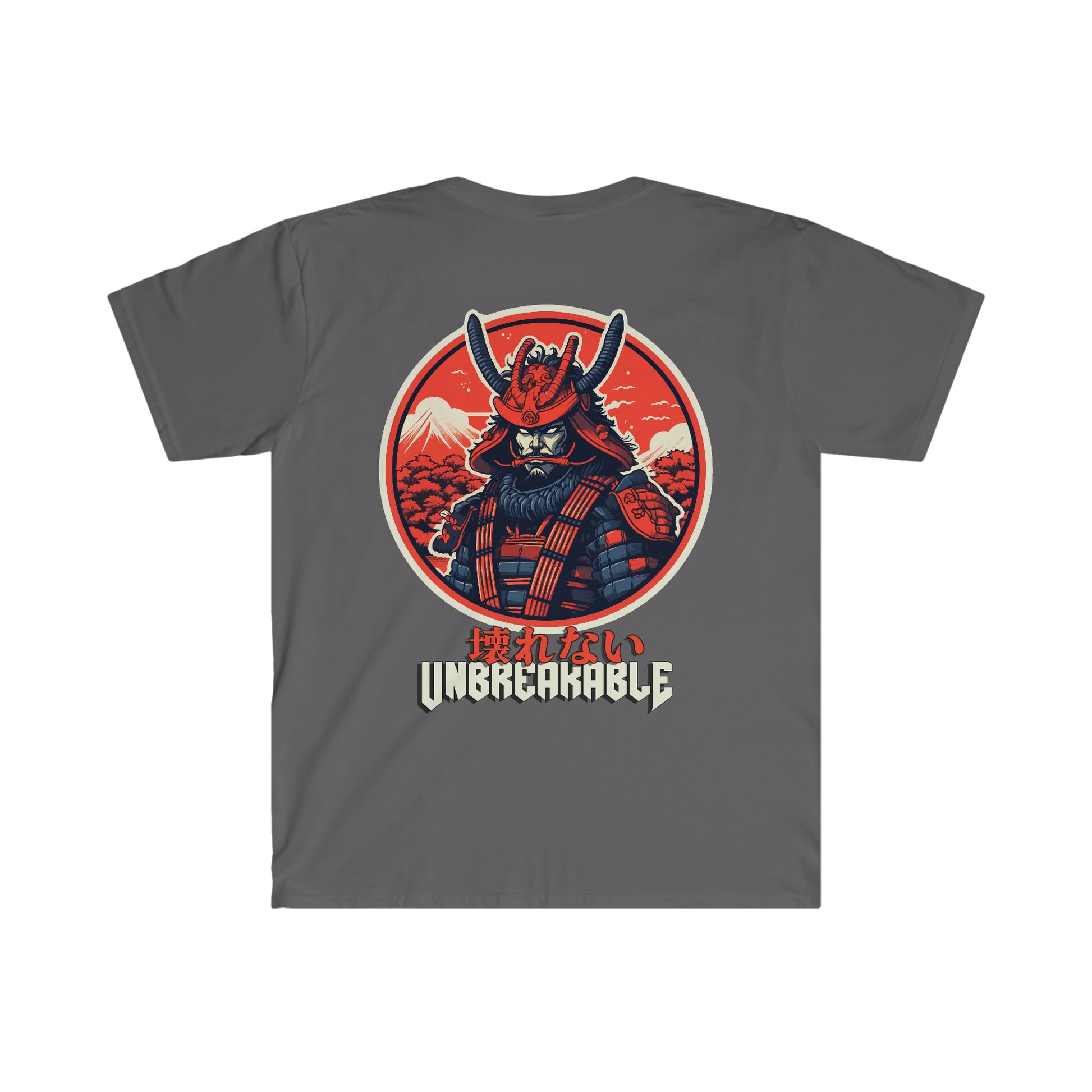 Gray Unbreakable Spirit T-Shirt featuring a bold graphic of a samurai warrior with traditional armor and helmet, set against a red circular background with Mount Fuji and Japanese text, capturing the spirit of Japanese car culture and late-night drives.