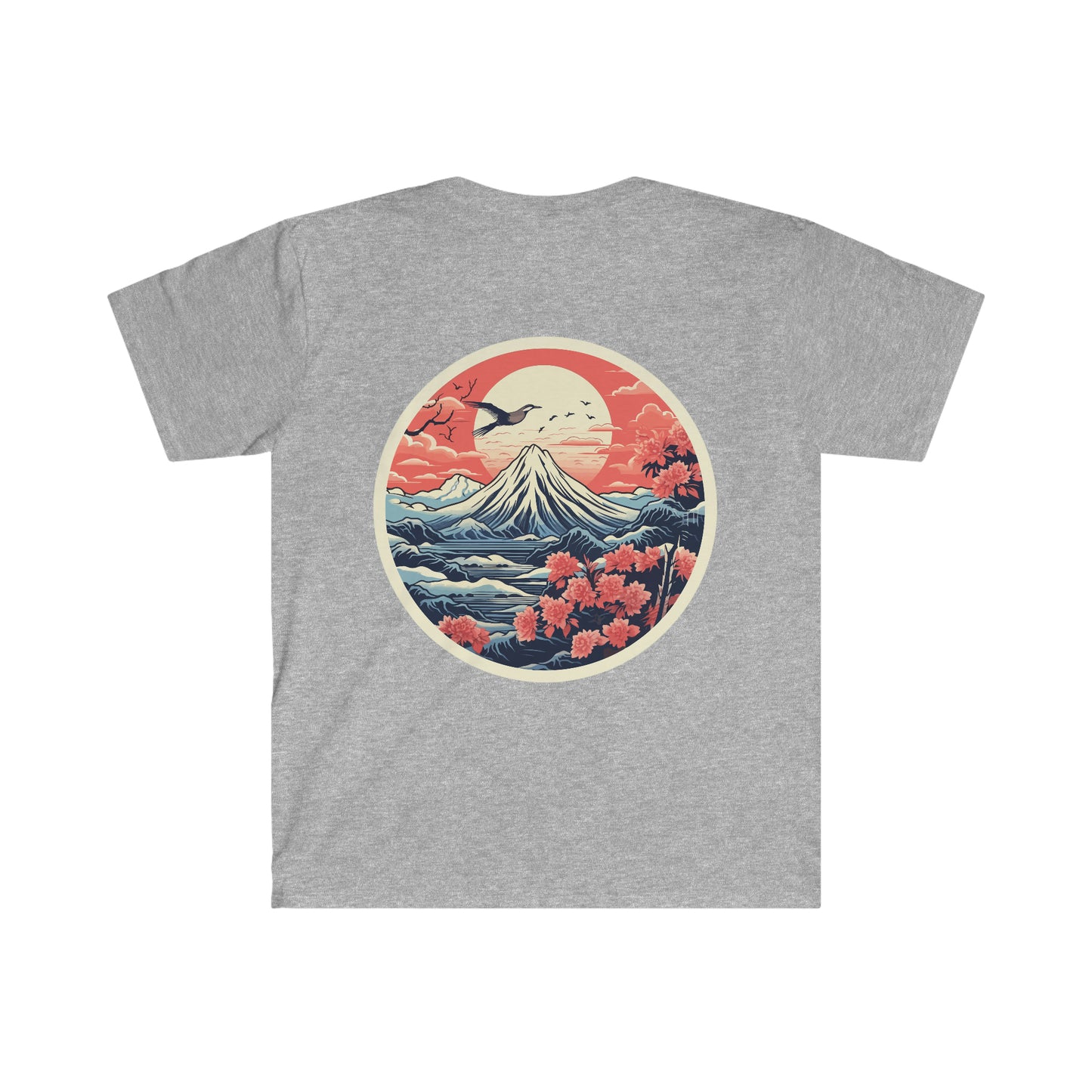 Gray Mount Fuji Serenity T-Shirt featuring a vibrant graphic of Mount Fuji with cherry blossoms and a large sun rising behind, inspired by Japanese car culture and scenic beauty.