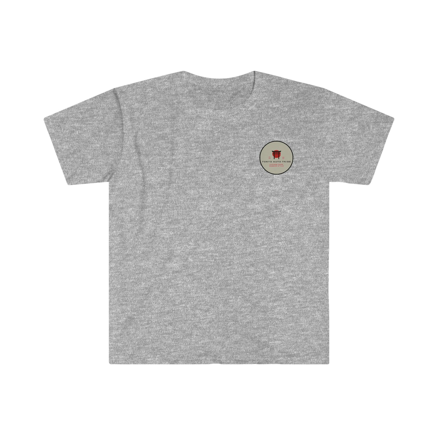 Gray Lucky Cat Racer's T-Shirt featuring a small circular graphic on the chest with vintage racing-inspired design, capturing Japanese car culture and tuner spirit.