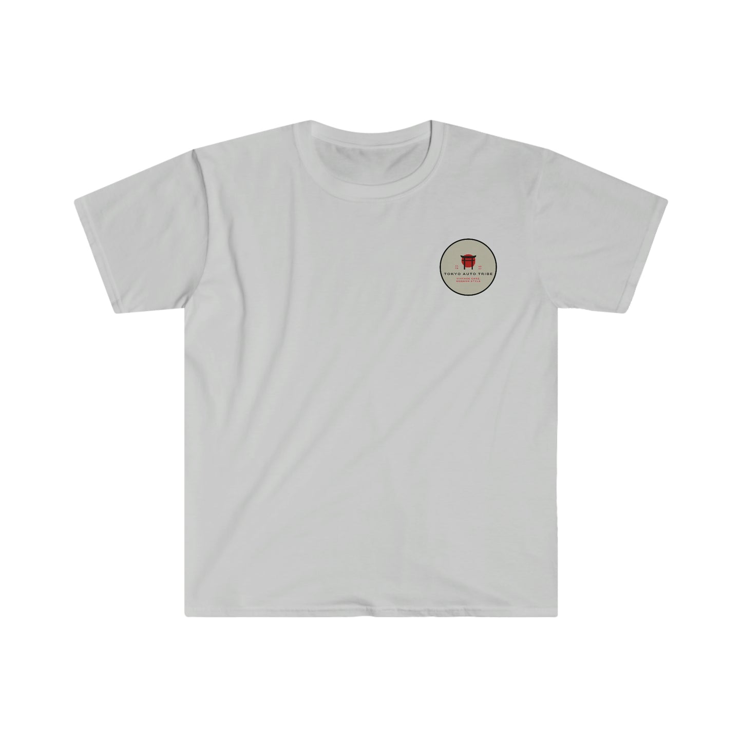White Nature's Embrace T-Shirt featuring a small round emblem with red and black design on the left chest, made from soft cotton material for comfortable everyday wear.