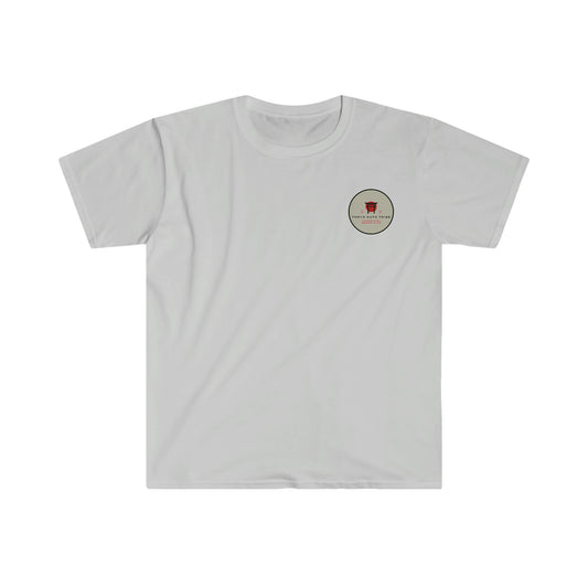 White Nature's Embrace T-Shirt featuring a small round emblem with red and black design on the left chest, made from soft cotton material for comfortable everyday wear.
