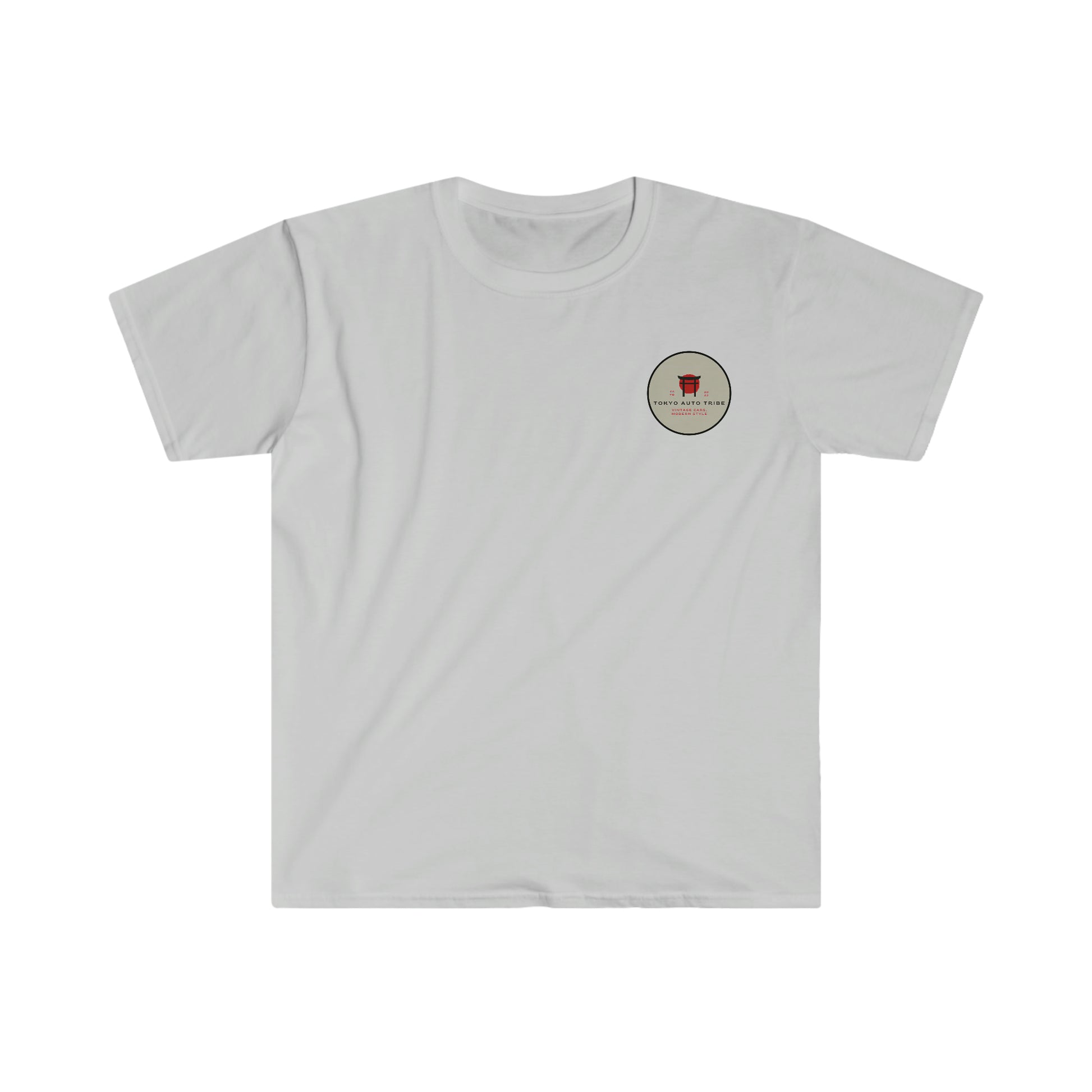 White Mount Fuji Serenity T-Shirt featuring a small circular graphic emblem on the chest, embodying Tokyo Auto Tribe's JDM-inspired Japanese car culture and vintage racing style.