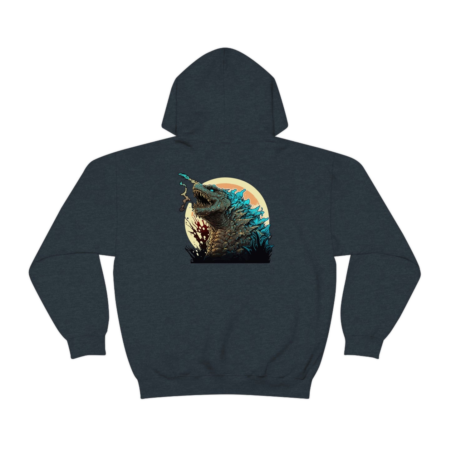 Dark hoodie featuring a bold graphic of Godzilla roaring in front of a stylized sunset, perfect for fans of Japanese monster culture in the Godzilla's Fury Hoodie.