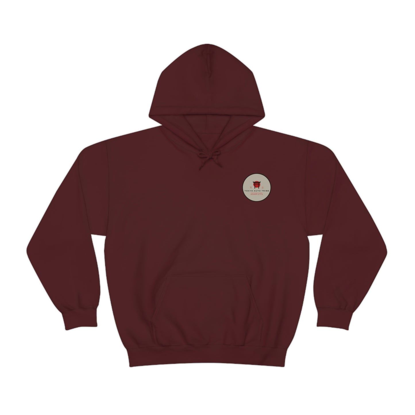 Groovy Grocery Runner Hoodie in deep maroon with a small vintage-inspired logo on the chest, designed for fans of Japanese car culture and late-night drives.
